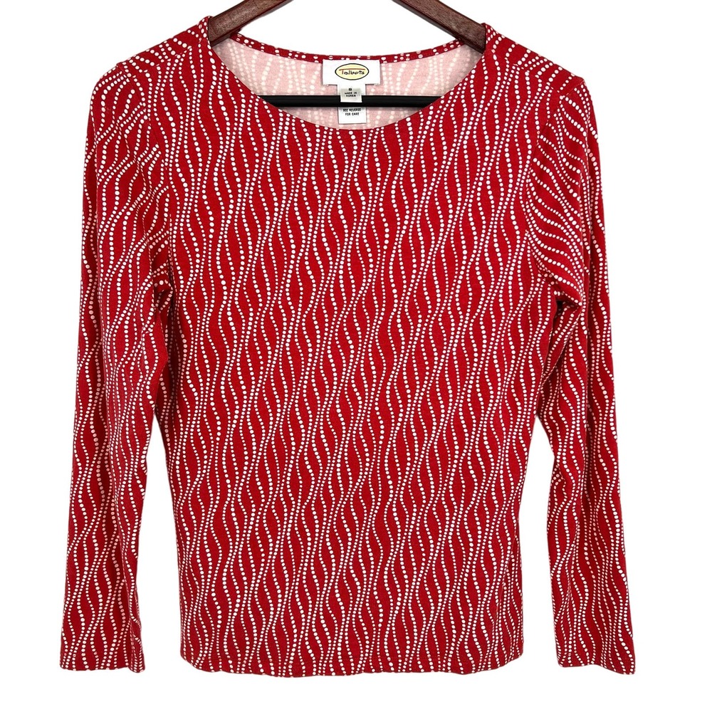Talbots Sz Small SILK BLEND Stretchy Snug Fit Red White Coral Blouse Shirt Top